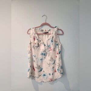 Floral Ruffle V-Neck Sleeveless Top - White with Blue & Pink Floral